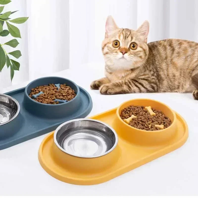 Dog Double Bowl with Silicone Mat Cat Pet Food Water Feeder Drinking Bowls Stainless Steel Anti-Choking Non-Slip Basin Dog Bowl