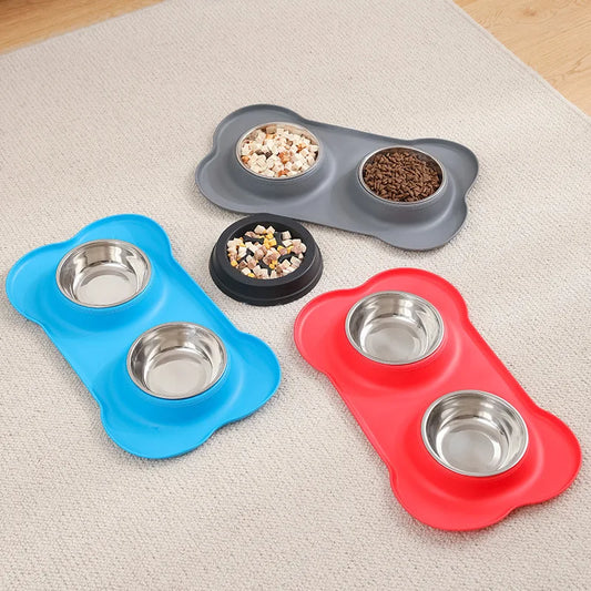 Hot selling silicone non-slip double layer pet dog bowl durable stainless steel water food feeder pet feeding and drinking bowl