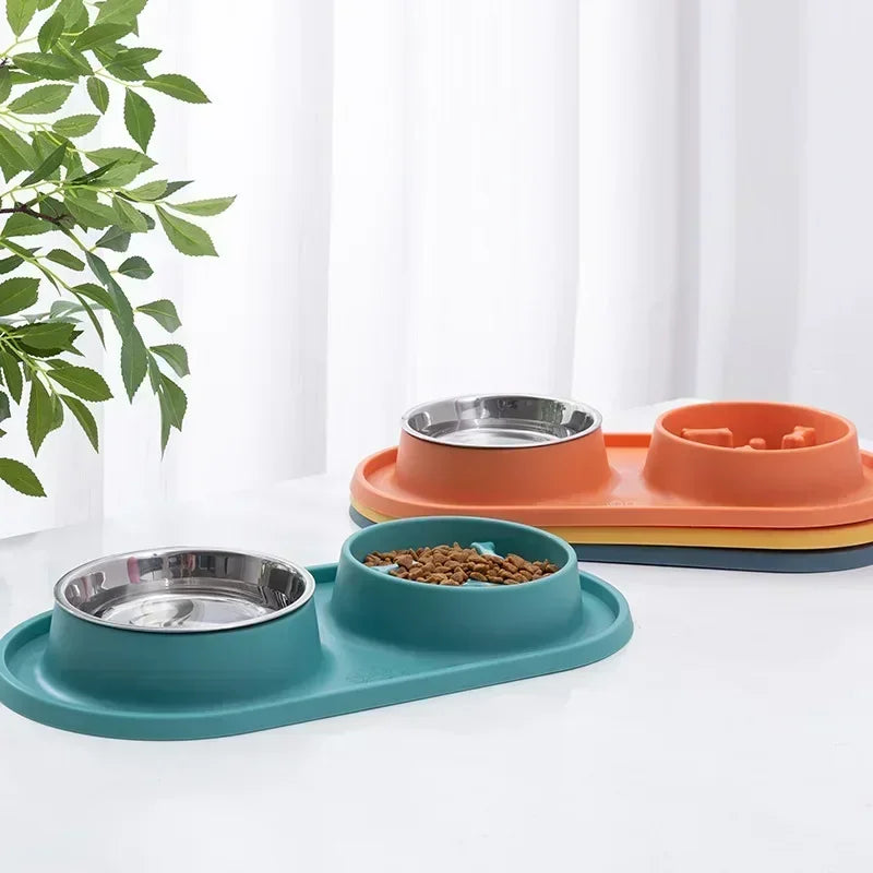 Dog Double Bowl with Silicone Mat Cat Pet Food Water Feeder Drinking Bowls Stainless Steel Anti-Choking Non-Slip Basin Dog Bowl