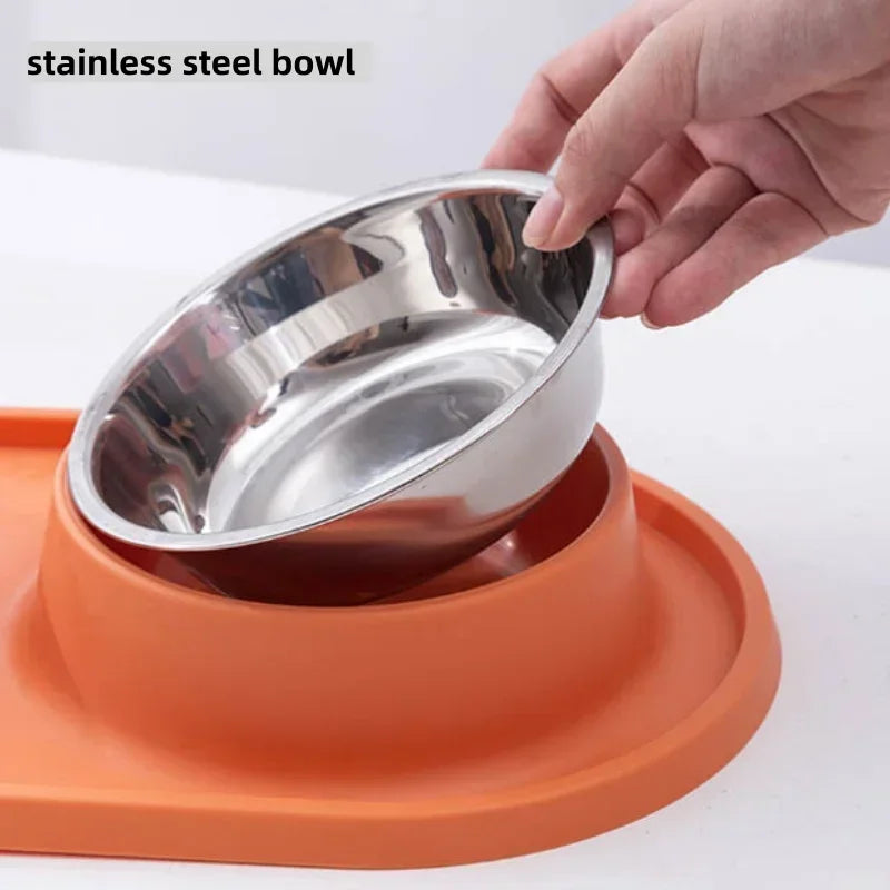 Dog Double Bowl with Silicone Mat Cat Pet Food Water Feeder Drinking Bowls Stainless Steel Anti-Choking Non-Slip Basin Dog Bowl