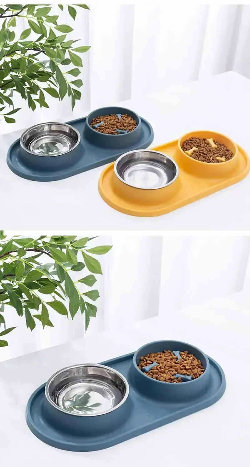 Dog Double Bowl with Silicone Mat Cat Pet Food Water Feeder Drinking Bowls Stainless Steel Anti-Choking Non-Slip Basin Dog Bowl