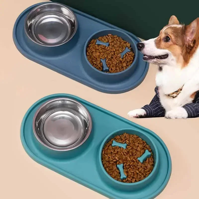 Dog Double Bowl with Silicone Mat Cat Pet Food Water Feeder Drinking Bowls Stainless Steel Anti-Choking Non-Slip Basin Dog Bowl